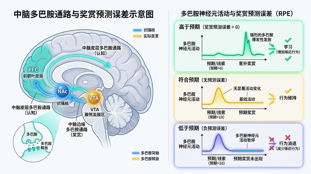 中脑多巴胺通路与奖赏预测误差示意图